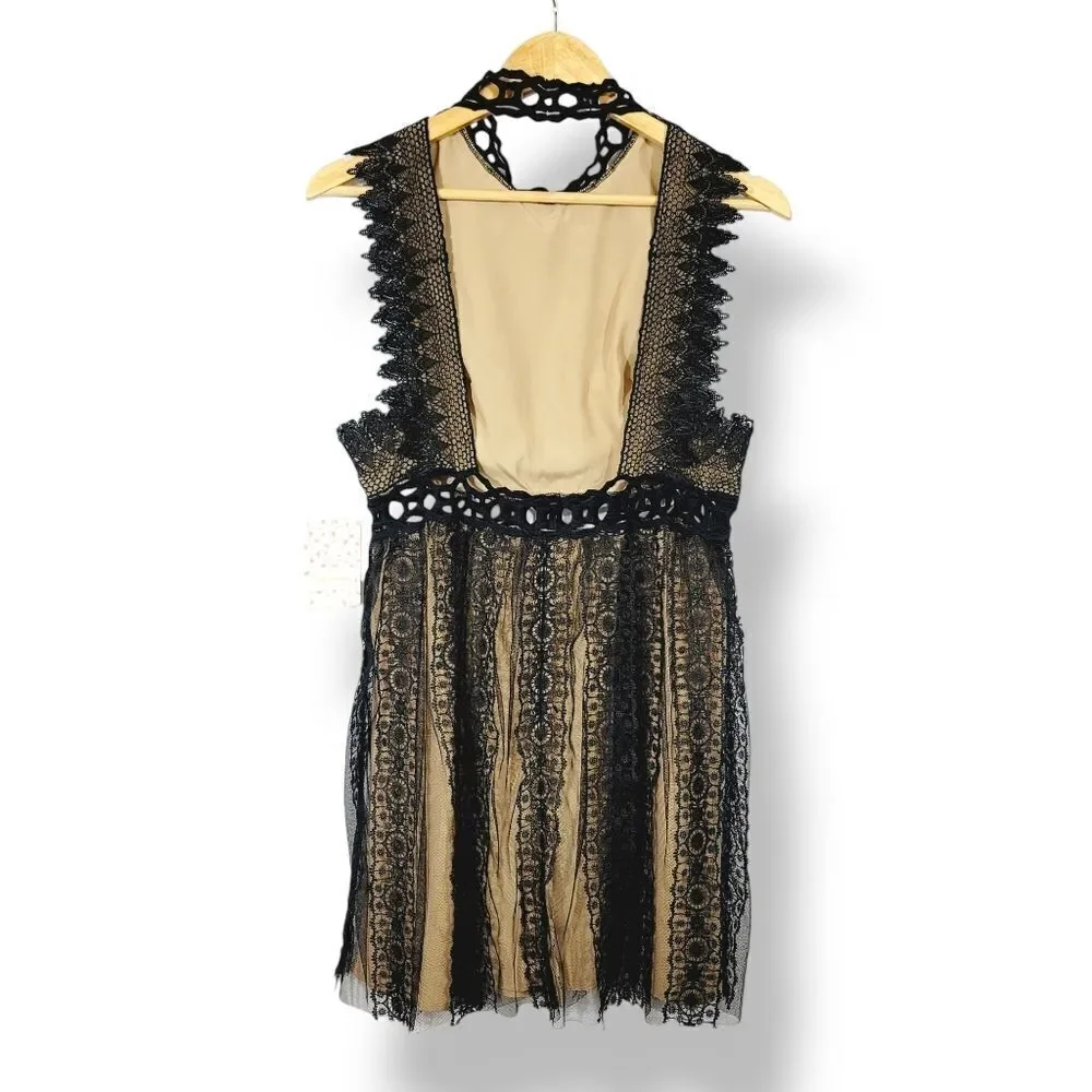 NEW Free People Forever Lace Embroidered Open Back Babydoll Black Dress Size 8